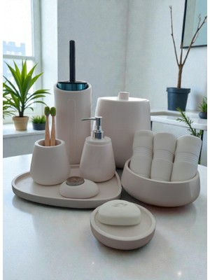 UltraMint Modern Beyaz Beton Banyo Seti, Tuvalet, Çöp Kovası ve Dekoratif Aksesuarlar