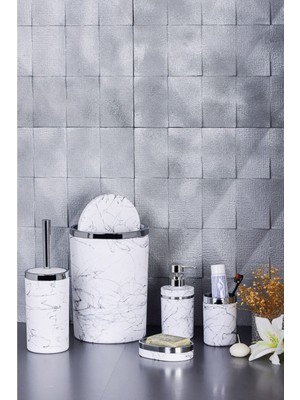 UltraMint 5 Parça Mermer Desenli Banyo Seti: Fırçalık, Sabunluk, Çöp Kovası