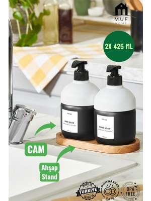 Muf Home Ahşap Altlıklı Lüks Cam Sıvı Sabunluk Seti - Modern Banyo ve Mutfak Tezgah Üstü Dispenser 2x 425ML