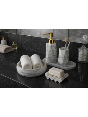 UltraMint 5 Parça Mermer Desenli Banyo Seti, Wc, Sabunluk, Diş Fırçalığı, Tepsi, Havluluk