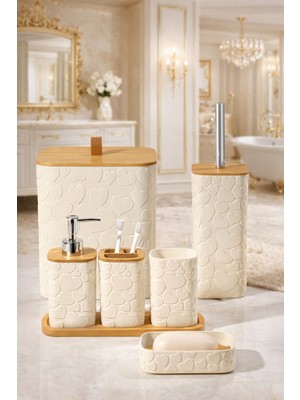 UltraMint Desenli 7 Parça Bambu Banyo Seti, Kapaklı ve Aksesuarlı, Şık Tasarım