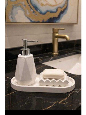 UltraMint 3 Parça Mermer Desenli Beton Banyo Seti, Sıvı ve Katı Sabunluk, Tepsi