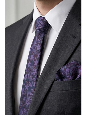 Milleniva Slim Çiçekli Mor Kravat & Mendil
