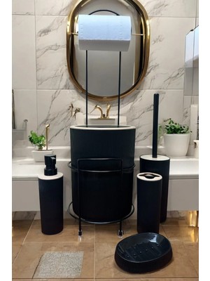 UltraMint Şık Tasarımlı 6'lı Siyah Banyo Seti Metal Standlı Wc Kağıtlık