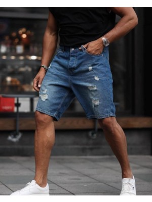 Başak Collection Erkek Mavi Yırtık Detaylı Şort