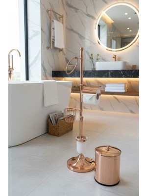 UltraMint Şık Bakır Banyo Aksesuar Seti, Fırçalık, Havluluk, Kova ve Tuvalet Kağıtlık