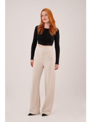 Başak Collection Yüksek Bel Bol Paça Krep Krem Pantolon