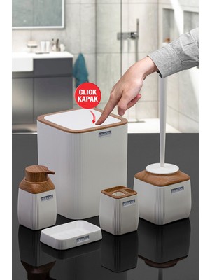 UltraMint Ahşap Desenli Çizgili Beyaz 5'li Banyo Seti