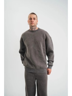 Başak Collection Erkek 3 Iplik Pamuklu Yağ Yıkamalı Sweatshirt Double Oversize Bisiklet Yaka Uzun Kol - Füme