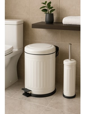 UltraMint Banyo Çöp Kutusu ve Wc Fırçası Seti, Çizgili Beyaz, 5 Litre