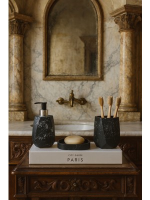 UltraMint Bohem Tarz 3 Parça Mermer Desenli Banyo Seti, Sıvı & Katı Sabunluk, Diş Fırçalık