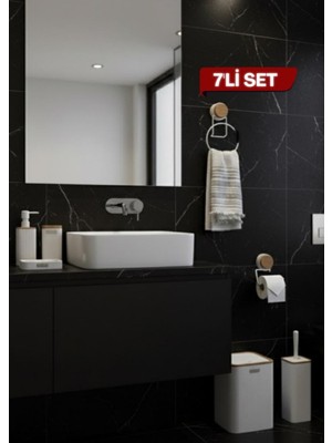 UltraMint Şık 5 Parça Kare Mini Banyo Seti, Havluluk ve Wc Kağıtlık, Beyaz-Ahşap