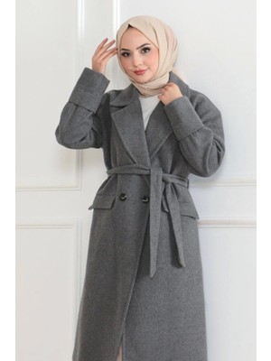 Başak Collection Beli Kuşaklı Yünlü Dokuma Kaşmir Kaban - Gri