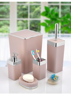 UltraMint Soft Pembe ve Gümüş Renkli 5 Parçalı Banyo Seti, Şık ve Kullanışlı