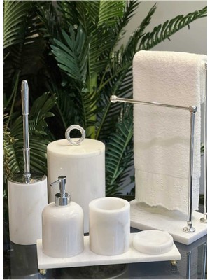 UltraMint Beyaz Mermer 7 Parça Gümüş Detaylı Banyo Seti