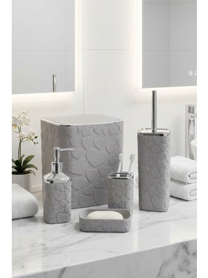 UltraMint 5'li Banyo Seti, Kalp Desenli, Gri Silver, Kare, Click Kapaklı, 8l