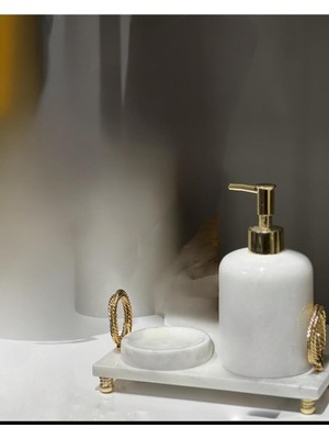 UltraMint Şık Doğal Beyaz Mermer 3'lü Banyo Seti, Altın Detaylı Dekoratif Aksesuarlı
