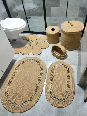 UltraMint Modern Jüt Banyo Takımı ve Paspas Seti, Makyaj ve Çöp Kovası ile