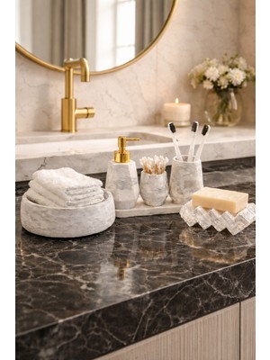 UltraMint Mermer Desenli Banyo ve Wc Seti, Sabunluk, Diş Fırçalık ve Sunum Tepsisi