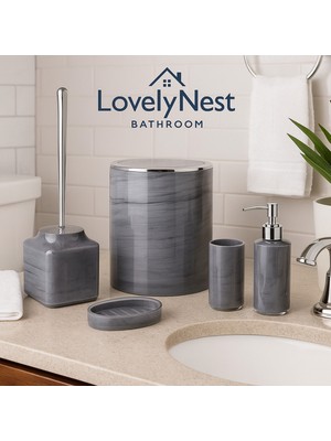 UltraMint Mermer Desenli 5'li Yuvarlak Banyo Seti, Şık ve Fonksiyonel Tasarım