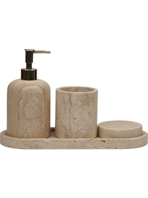 UltraMint Şık 4'lü Traverten Mermer Banyo Seti, Gold Detaylar ile Zarif Tasarım