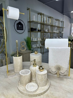 UltraMint Şık 9 Parça Traverten Mermer Banyo Seti, Zarif ve Dayanıklı Tasarım