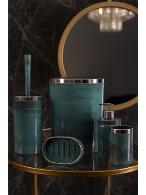 UltraMint 5 Parça Akrilik Banyo Seti, Şık ve Kaliteli, Gümüş Detaylı, Yeşil Mermer Desen