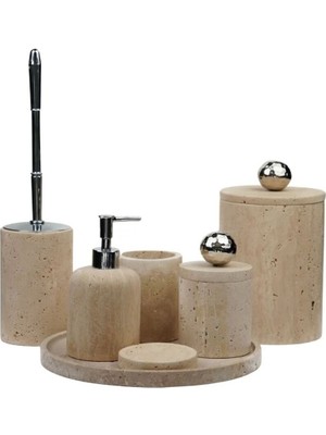 UltraMint Şık Traverten Mermer Banyo Seti 7'li Pirinç Aksesuar Detaylı Tasarım