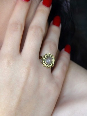 Esha Doğal Taş Pembe Kuvars Doğal Taşlı Antik Ayarlanabilir Kadın Yüzük EUY91PK