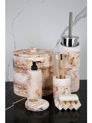 UltraMint 8 Parça Mermer Desenli Banyo Seti: Sabunluk, Diş Fırçalık, Çöp Kovası, Mumluk