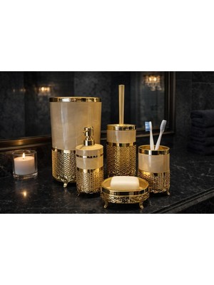 UltraMint Şık Gold Detaylı Krem Renk Banyo Seti, Diş Fırçası ve Sabunluk Varsa