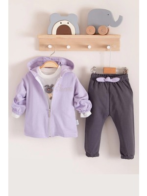 Veralya Prences Nakışlı Kapişonlu 3'lü % 100 Pamuk Kız Bebek Takımı