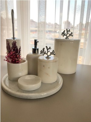 UltraMint Şık 7'li Gümüş Mercanlı Banyo Takımı ve Aksesuarlar Seti