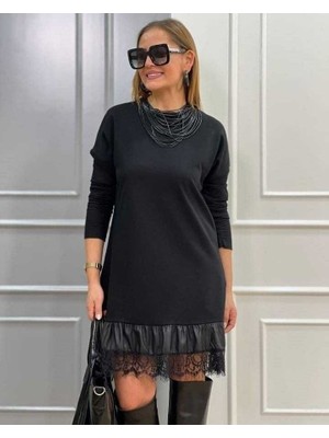 Başak Collection Kadın Uzun Kollu Bisiklet Yaka Etek Ucu Deri ve Tül Detay Iki Iplik Mini Boy Elbise