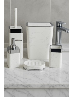 UltraMint Mermer Desenli 5 Parça Akrilik Banyo Seti, Şık ve Fonksiyonel Tasarım