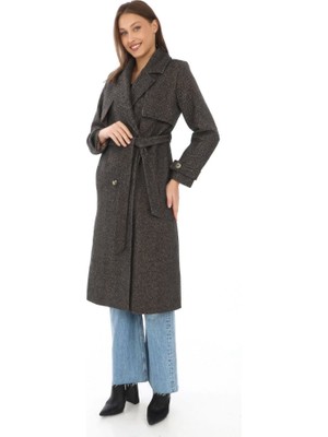 Başak Collection Balık Sırtı Kaşmir Uzun Kaşe Kaban - Kahverengi