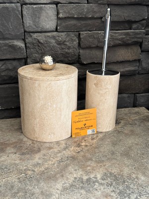 UltraMint Şık Traverten Doğaltaş Banyo Takımı, Çöp Kovası ve Tuvalet Fırçalık Seti