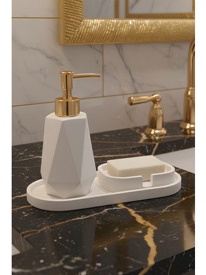 UltraMint Beyaz Mermer Dokulu 3 Parça Banyo Seti: Sıvı Sabunluk, Katı Sabunluk ve Tepsi