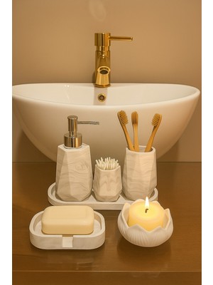 UltraMint Mermer Dokulu 6 Parça Banyo Seti: Mumluk, Sabunluk, Fırçalık, Kulak Çubuğu, Tepsi