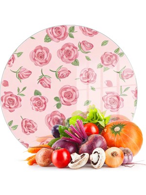 Decovetro Cam Kesme Tahtası ve Sunumluk Yuvarlak Love Serisi Gül Desenli 30 x 30 cm