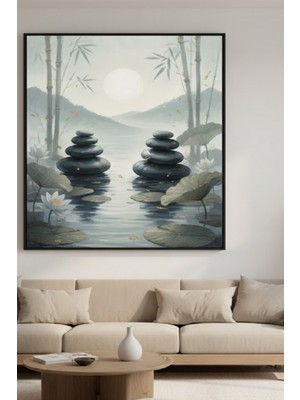 Safir Design Lüks Yeşil ve Mavi Nilüfer Çiçeği Feng Shui Duvar Sanatı | Modern Çerçeveli Tablo