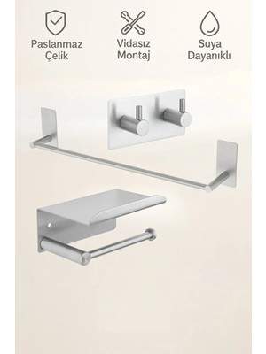 UltraMint 3'lü Paslanmaz Çelik Havlu ve Tuvalet Kağıtlığı, Neme Dayanıklı, Pratik Montaj