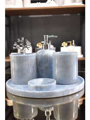 UltraMint Şık Gri Mermer Banyo Seti, 5'li, Gümüş Dekor, Modern Tasarım