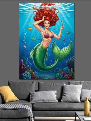 Karizma Tablo Mavi Saçlı Deniz Kızı Dekoratif Kanvas - Mdf Ahşap Tablo