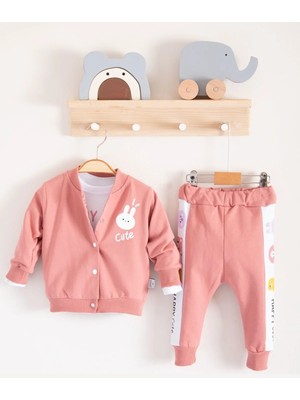 Veralya Cute Funny Desenli Kapişonlu Pamuklu 3'lü Kız Bebek Takımı