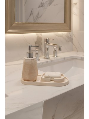UltraMint Şık Mermer Dokulu 3 Parça Banyo Seti: Sıvı Sabunluk, Sabunluk ve Oval Tepsi