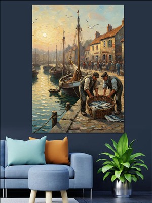 Karizma Tablo Liman Köyü Tekne Manzarası Dekoratif Kanvas - Mdf Ahşap Tablo