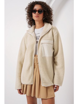 Kendim Fashion 55446 Fermuarlı Oversize Peluş Ceket - Krem
