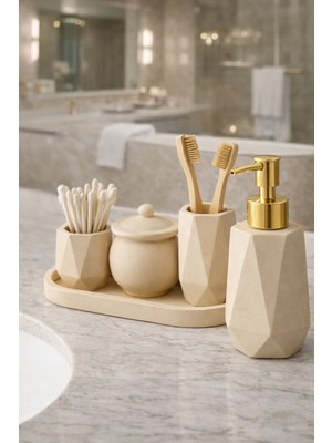 UltraMint Mermer Desenli Bej 5'li Banyo Dekoratif Seti, Aksesuarlar, Sıvı Sabunluk, Diş Fırça Sunumu