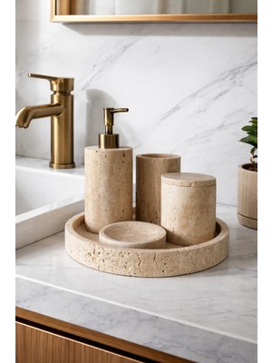 UltraMint Doğal Traverten Taş Banyo Seti, Şık Sıvı Sabunluk ve Diş Fırçalık